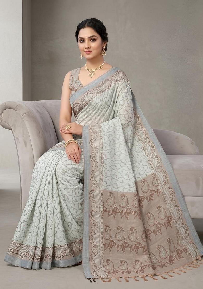 Grey Zari Work Cotton Saree Set - Indya