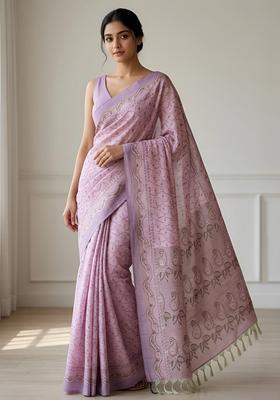 Pink Zari Work Cotton Saree Set