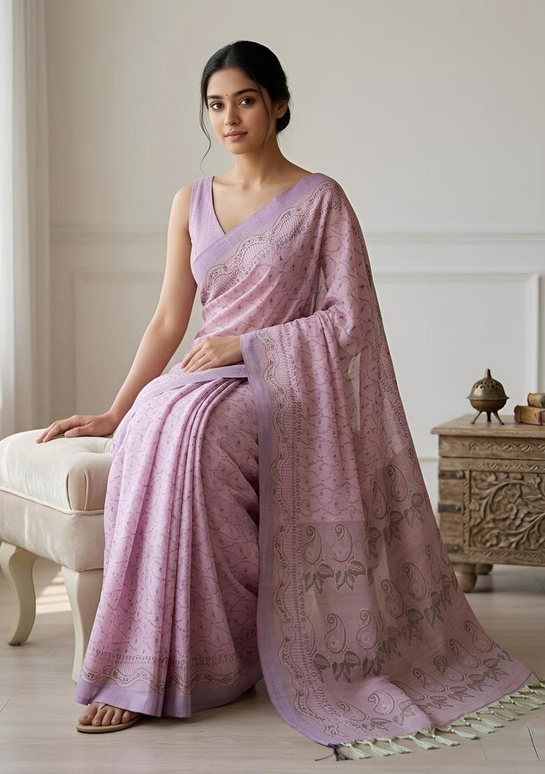 Pink Zari Work Cotton Saree Set - Indya