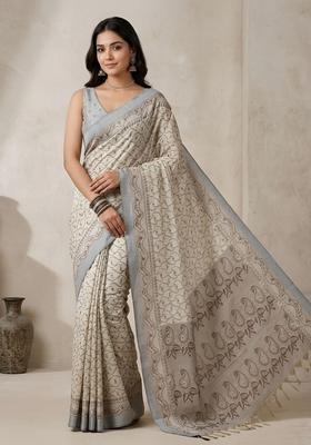 Off White Zari Work Cotton Saree Set