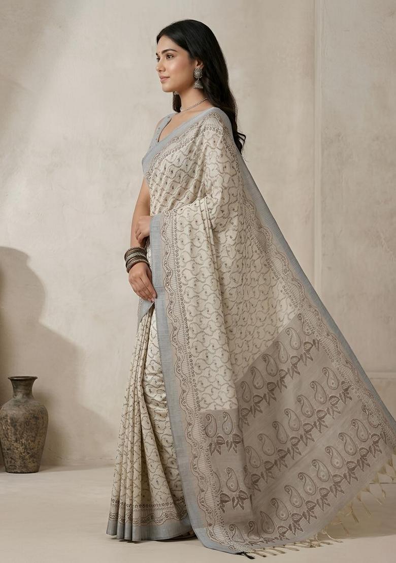 Off White Zari Work Cotton Saree Set - Indya