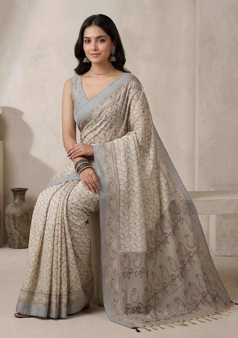 Off White Zari Work Cotton Saree Set - Indya