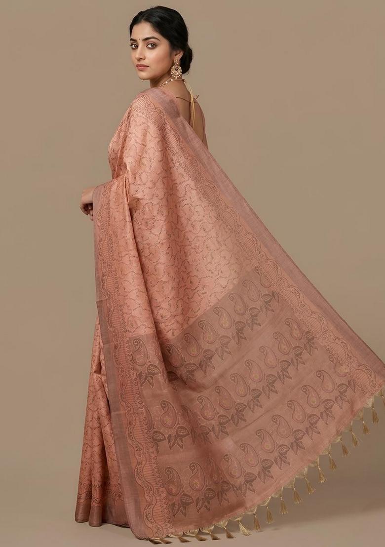 Orange Zari Work Cotton Saree Set - Indya