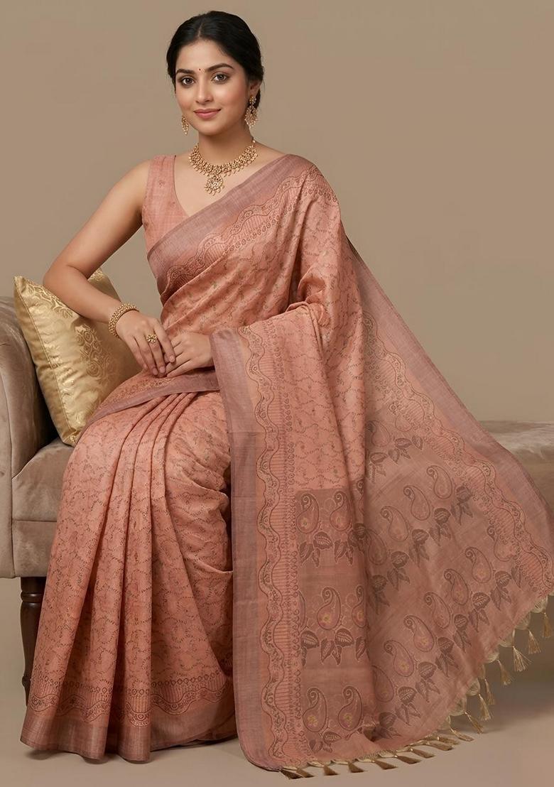 Orange Zari Work Cotton Saree Set - Indya