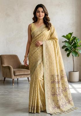 Yellow Zari Work Cotton Saree Set