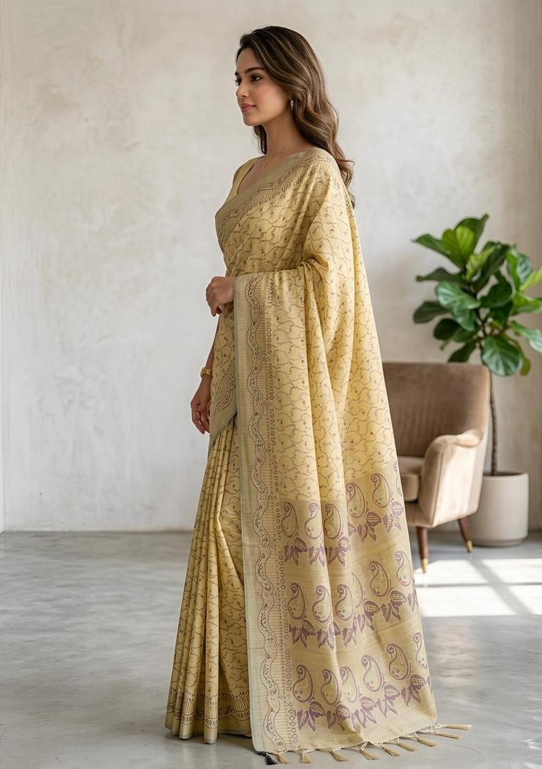 Yellow Zari Work Cotton Saree Set - Indya