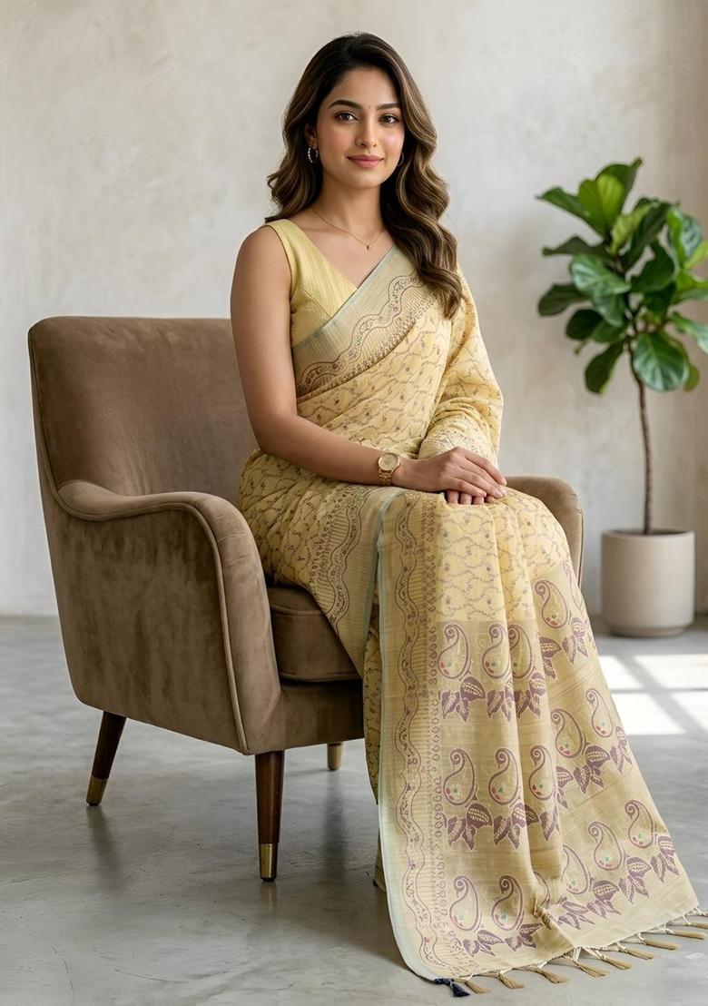 Yellow Zari Work Cotton Saree Set - Indya