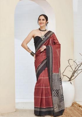 Brown Printed Silk Saree Set