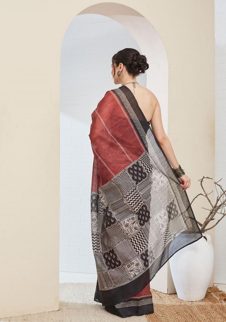 Brown Printed Silk Saree Set - Indya