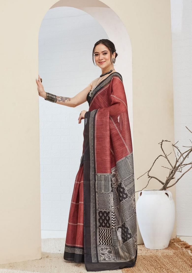 Brown Printed Silk Saree Set - Indya