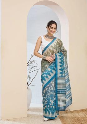 Green Printed Silk Saree Set