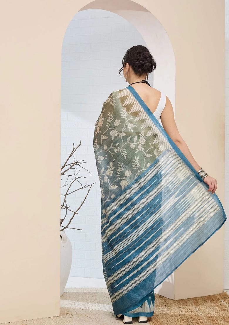 Green Printed Silk Saree Set - Indya