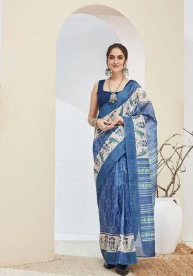 Blue Printed Silk Saree Set