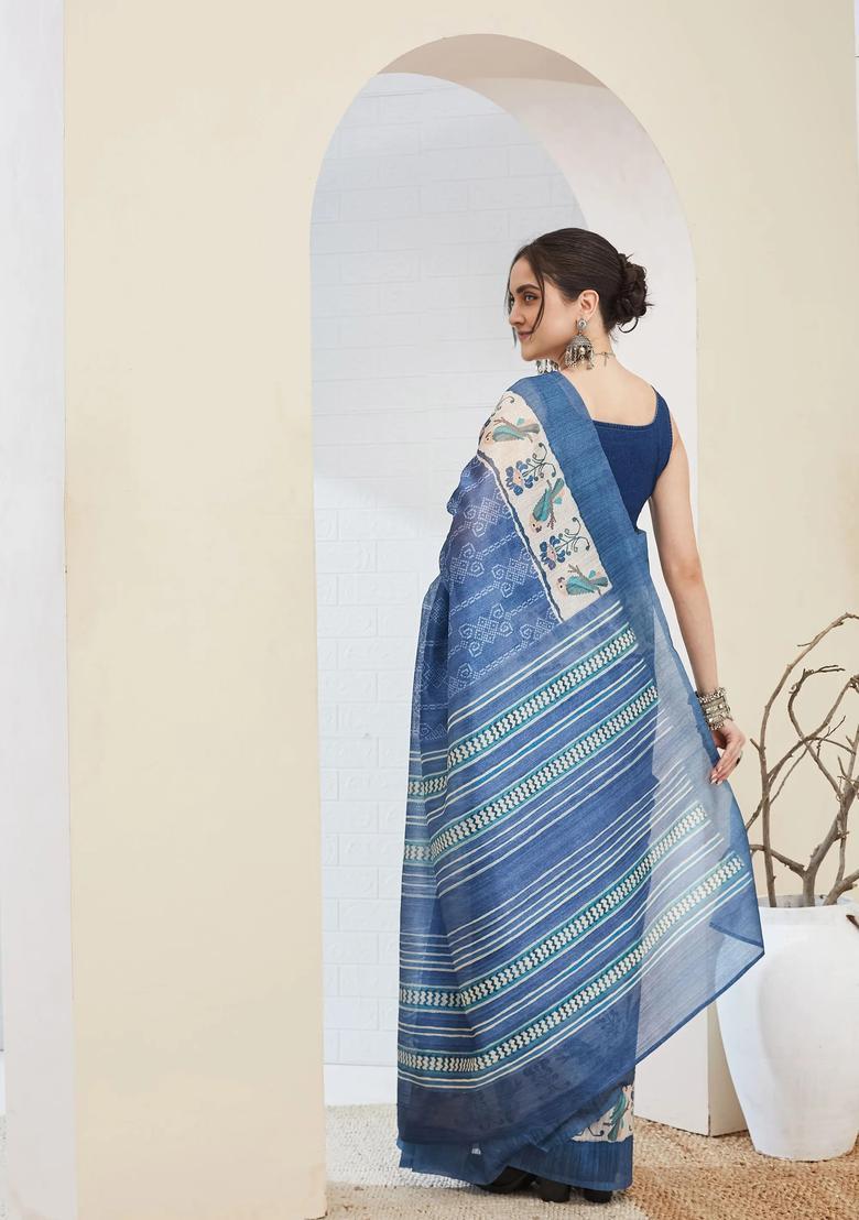 Blue Printed Silk Saree Set - Indya