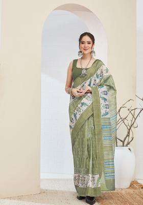 Green Printed Silk Saree Set