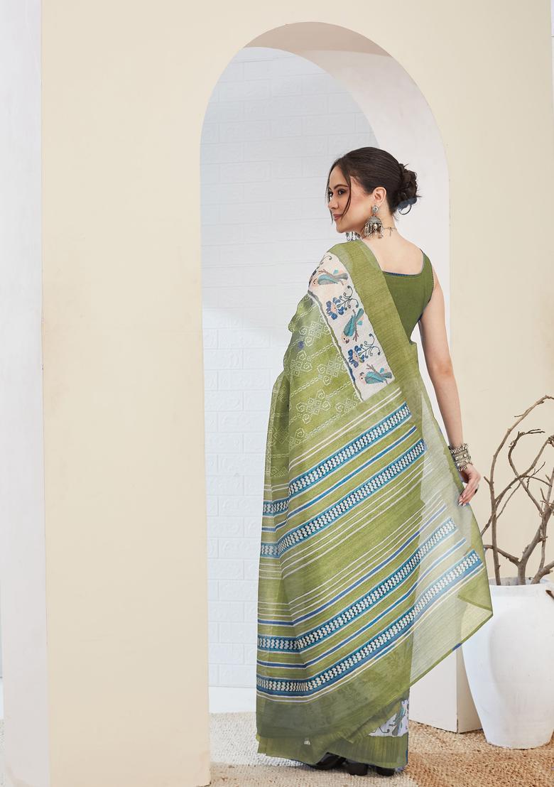 Green Printed Silk Saree Set - Indya