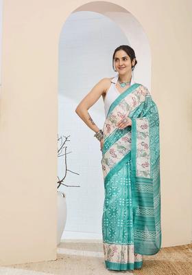 Sea Green Printed Silk Saree Set