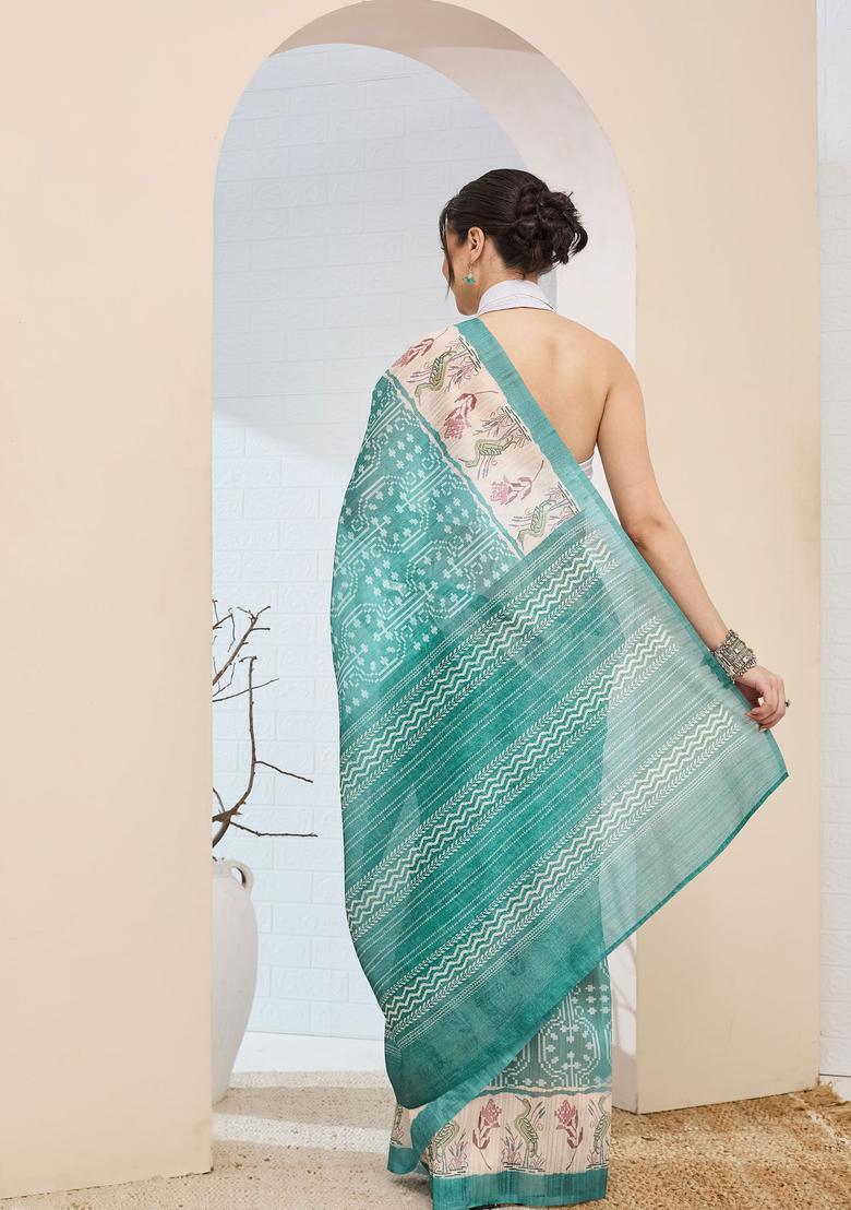 Sea Green Printed Silk Saree Set - Indya