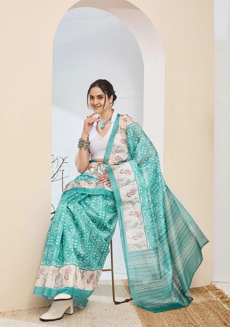 Sea Green Printed Silk Saree Set - Indya