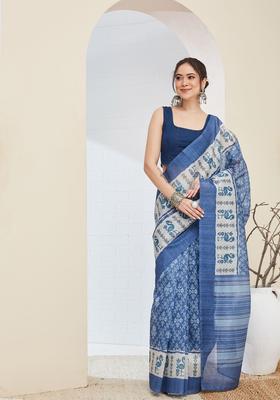 Blue Printed Silk Saree Set