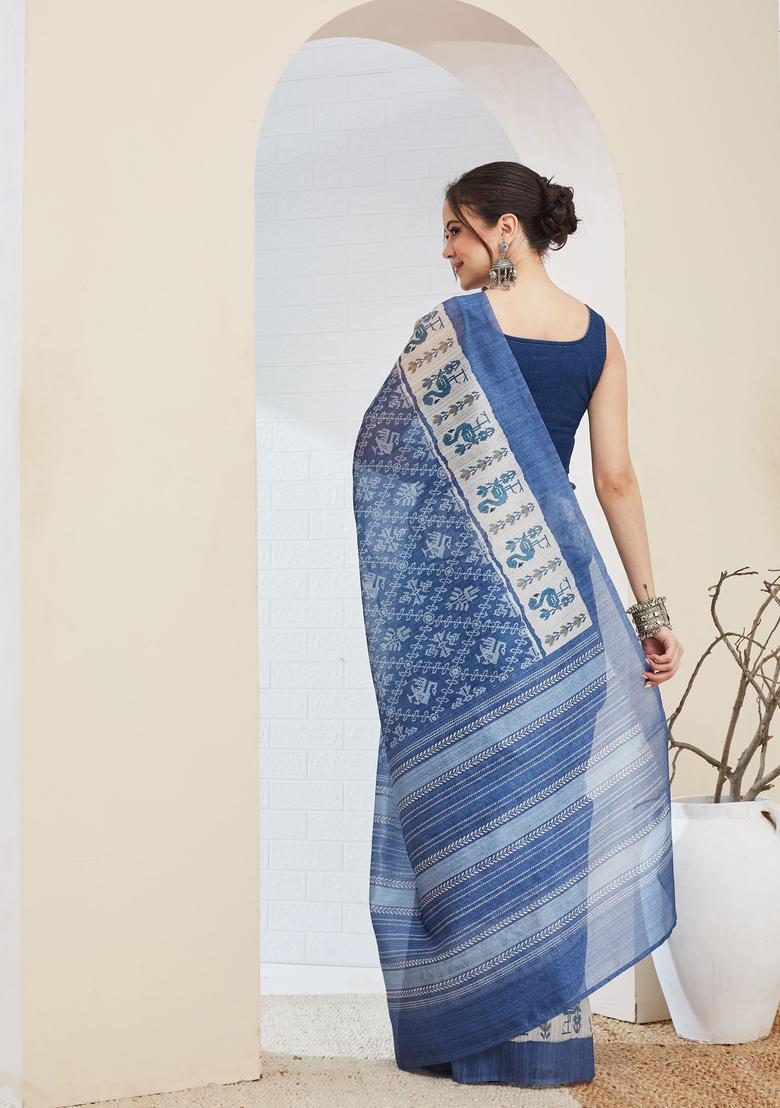 Blue Printed Silk Saree Set - Indya