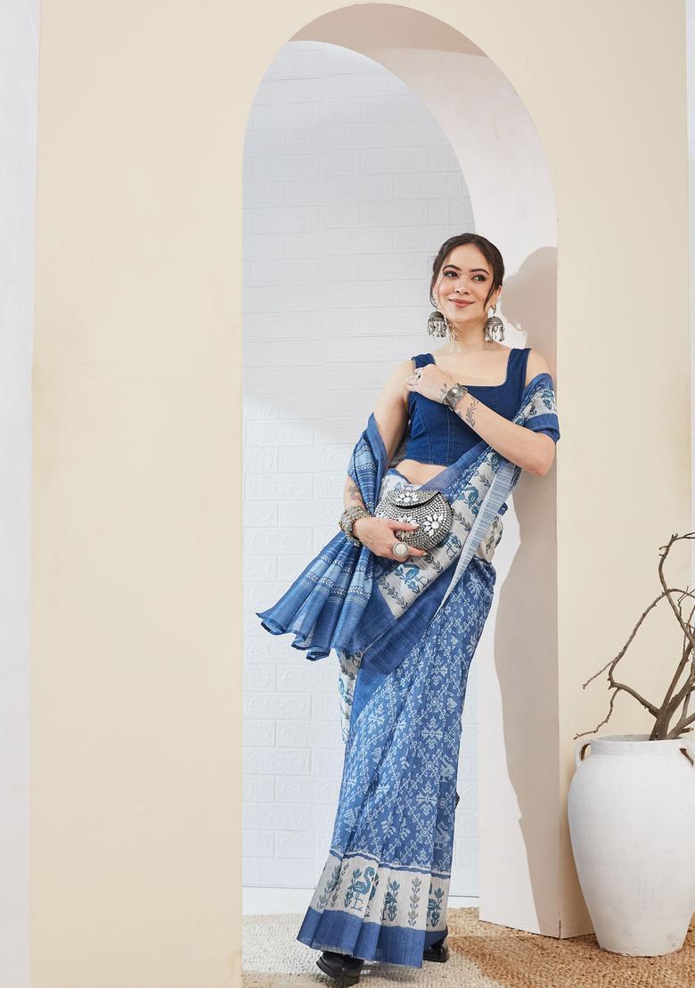 Blue Printed Silk Saree Set - Indya