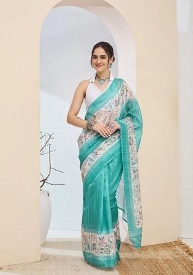 Turquoise Printed Silk Saree Set