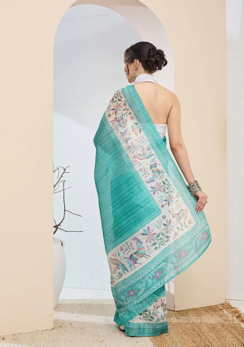 Turquoise Printed Silk Saree Set - Indya
