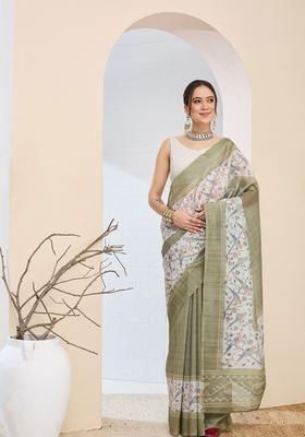 Olive Printed Silk Saree Set