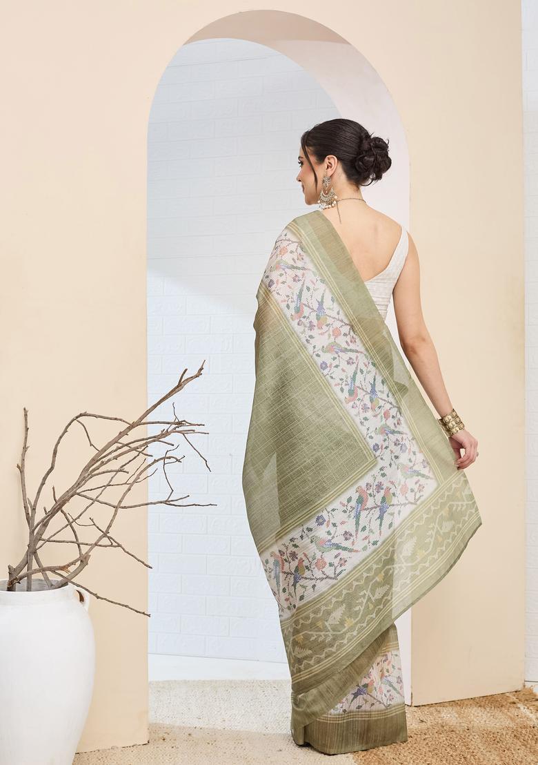 Olive Printed Silk Saree Set - Indya