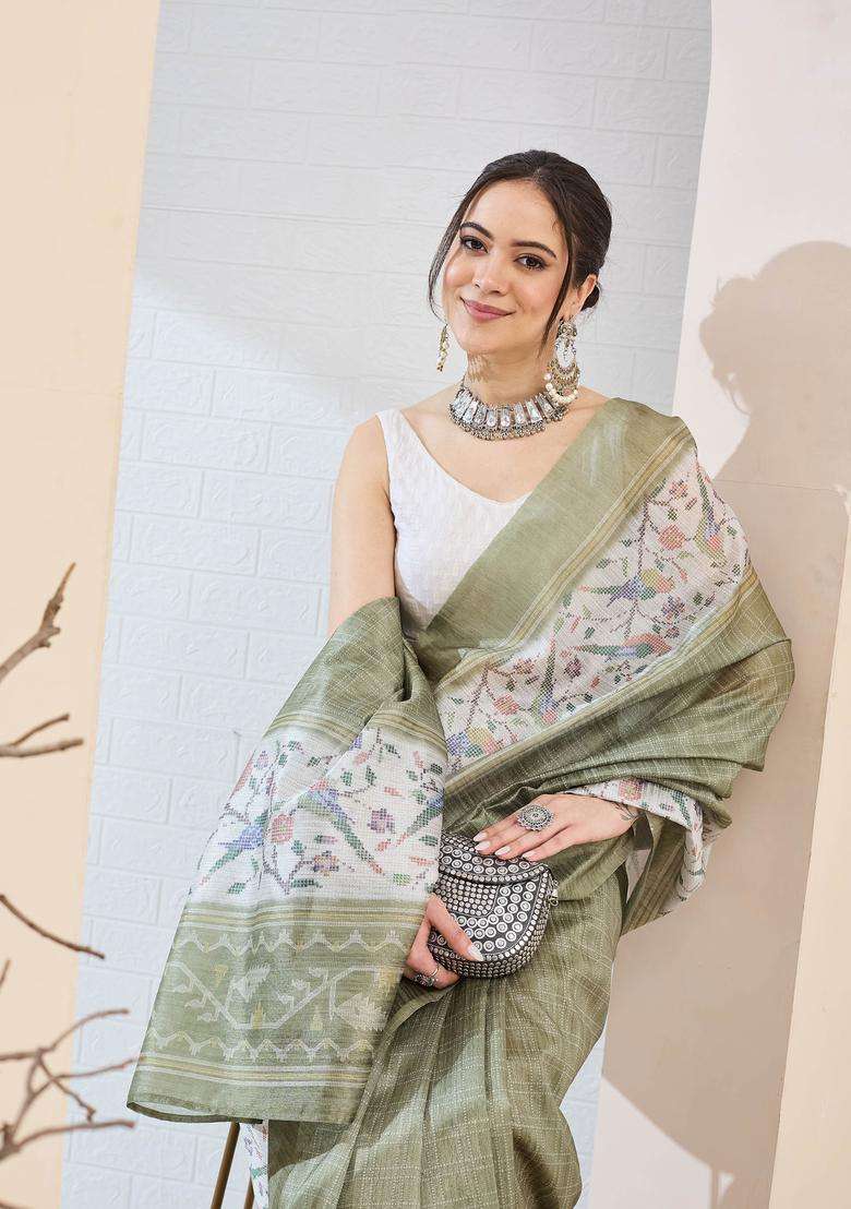 Olive Silk Saree Set with Printed for Diwali | Wedding & Festive Wear - Indya