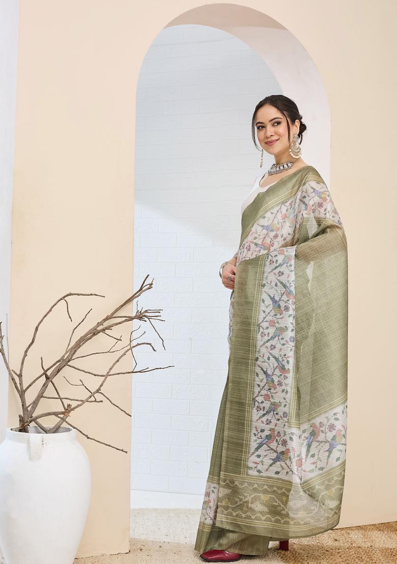 Olive Printed Silk Saree Set - Indya
