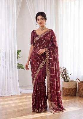 Maroon Sequin Work Silk Saree Set