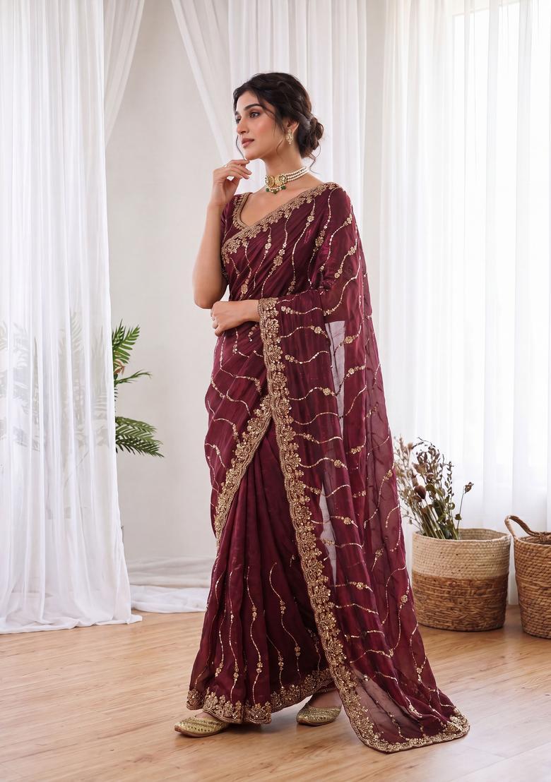 Maroon Sequin Work Silk Saree Set - Indya