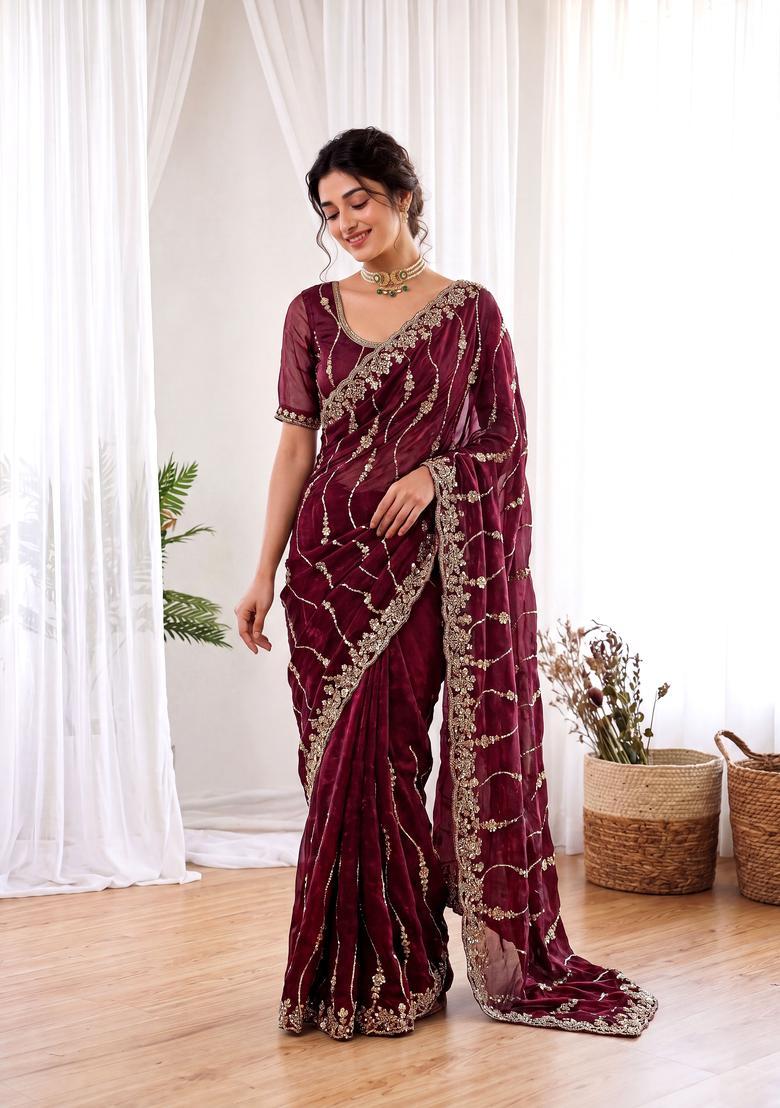 Maroon Sequin Work Silk Saree Set - Indya