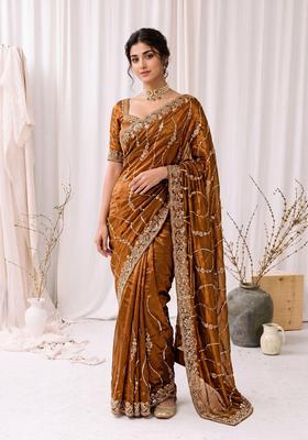 Golden Sequin Work Silk Saree Set