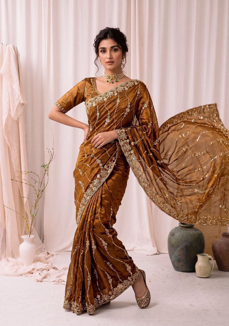 Golden Sequin Work Silk Saree Set - Indya