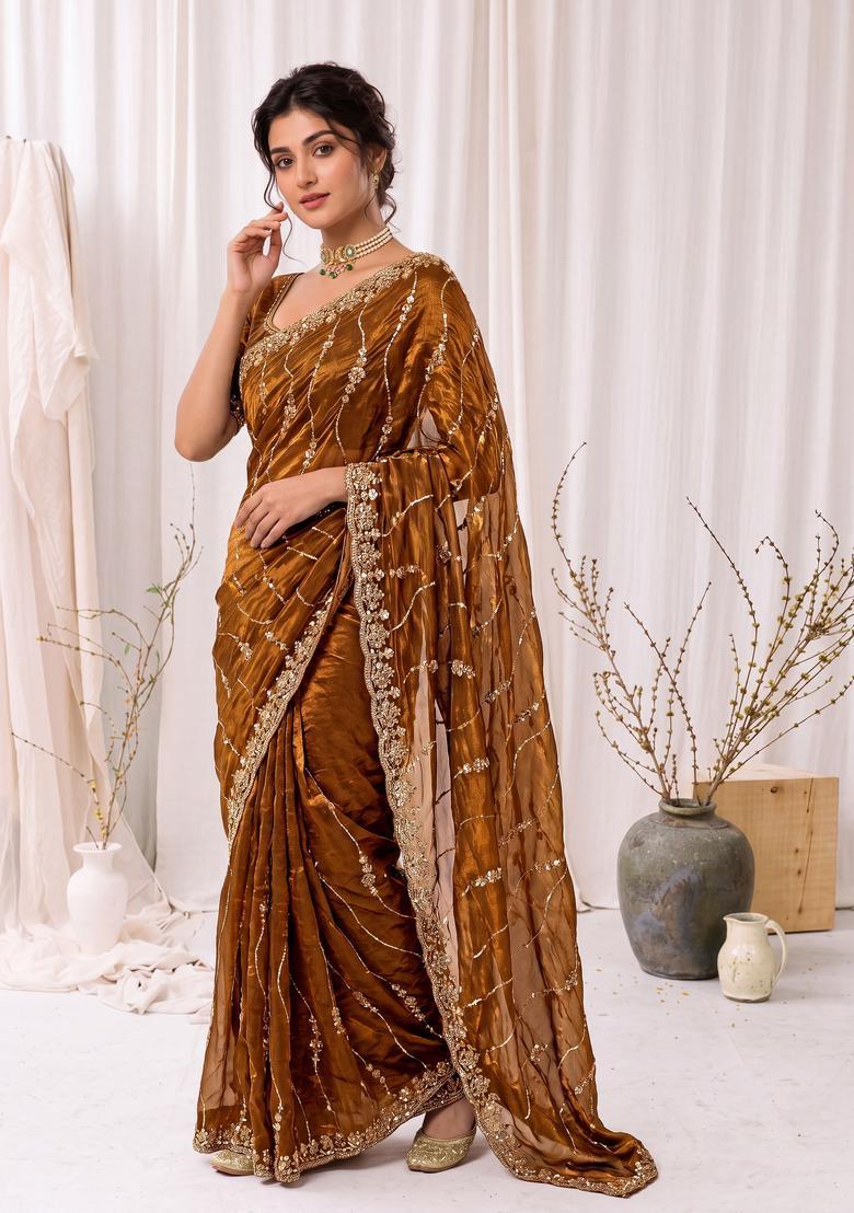 Golden Sequin Work Silk Saree Set - Indya