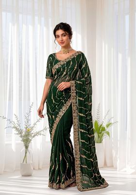 Green Sequin Work Silk Saree Set