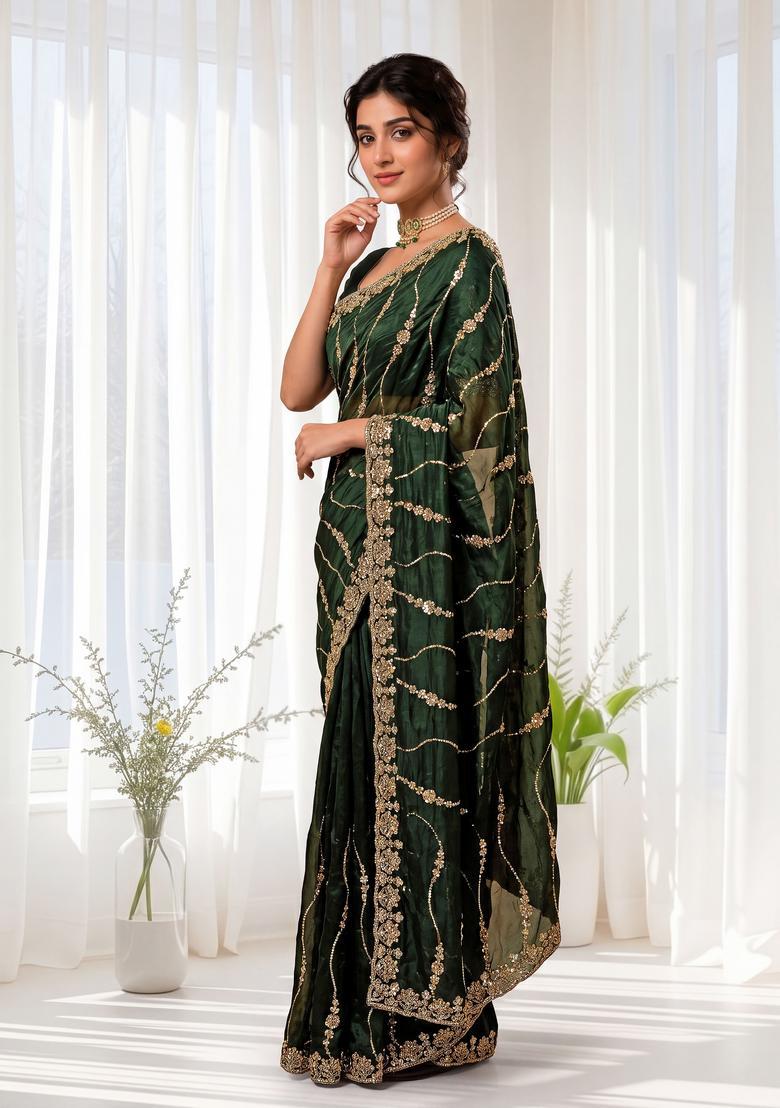 Green Sequin Work Silk Saree Set - Indya