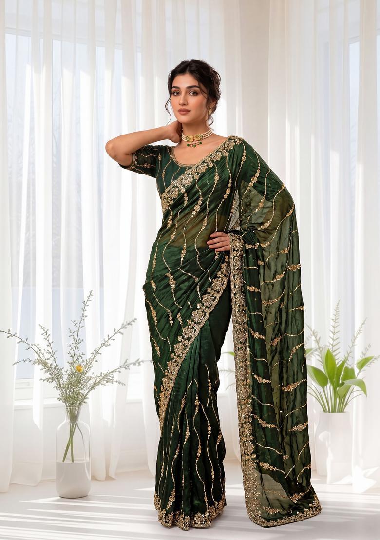 Green Sequin Work Silk Saree Set - Indya