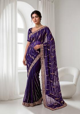 Purple Sequin Work Silk Saree Set