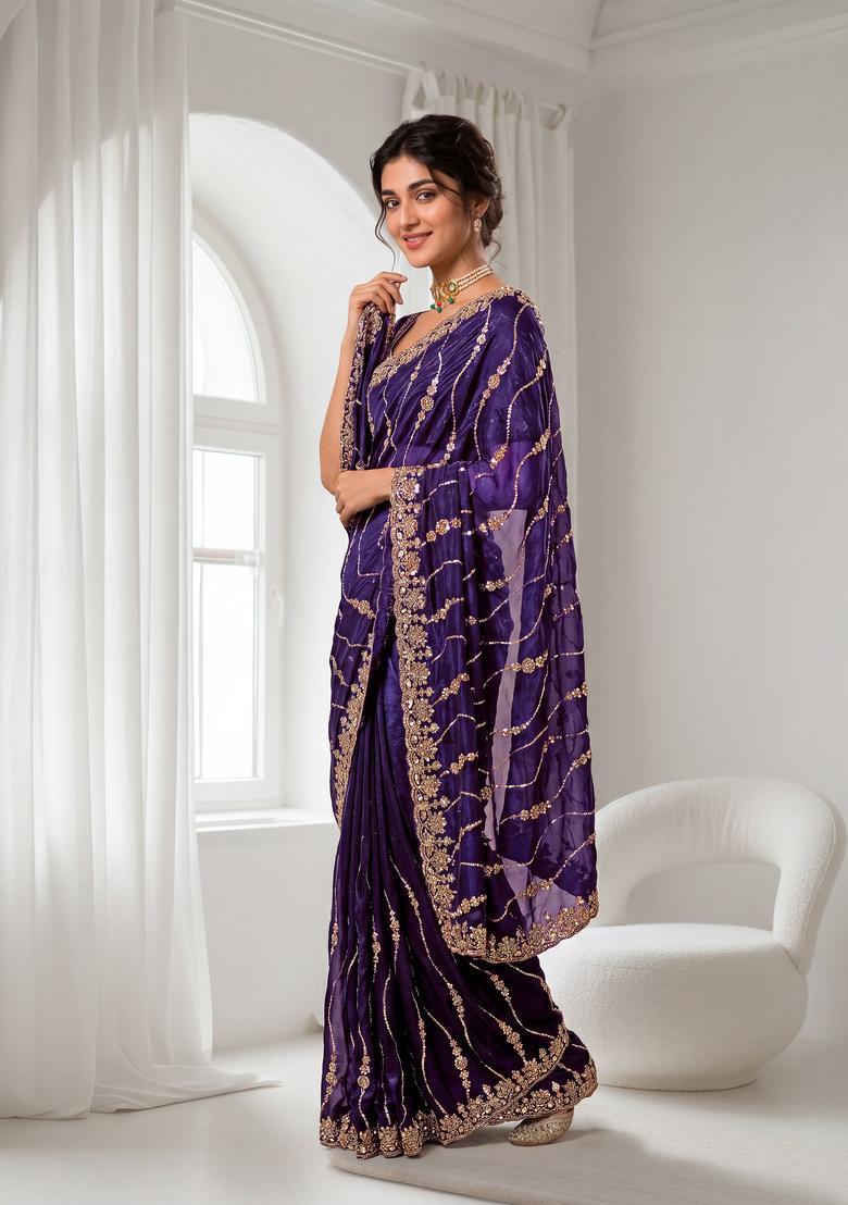 Purple Sequin Work Silk Saree Set - Indya