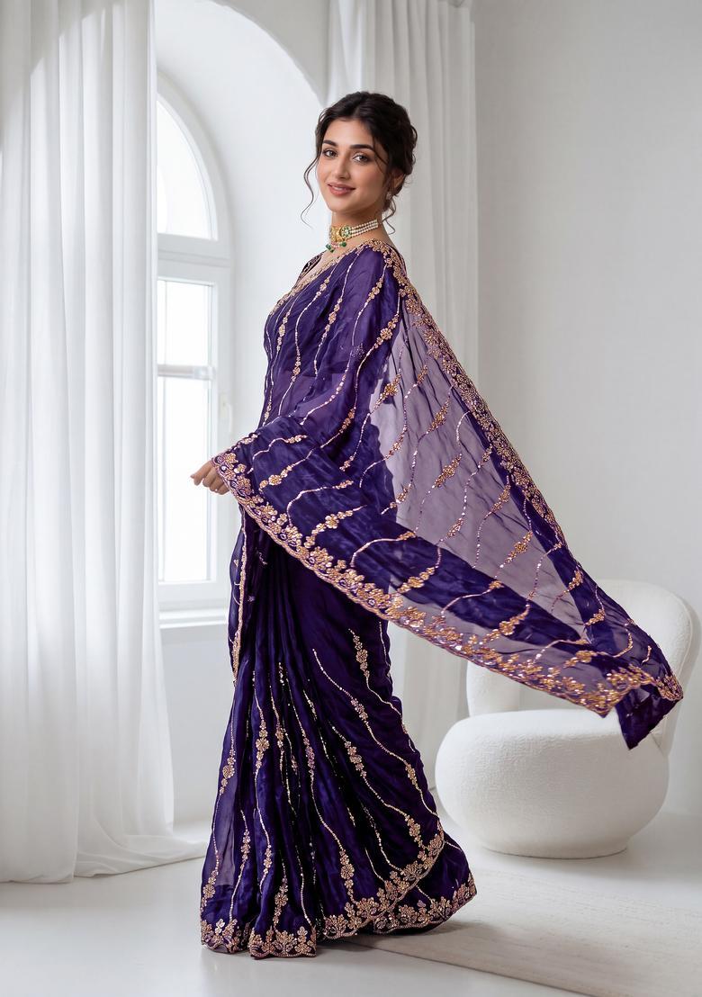 Purple Sequin Work Silk Saree Set - Indya