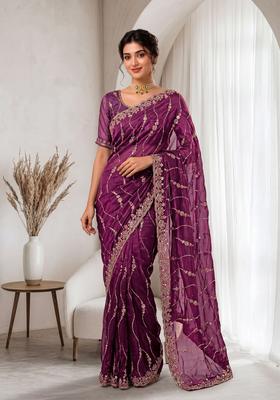 Burgundy Sequin Work Silk Saree Set