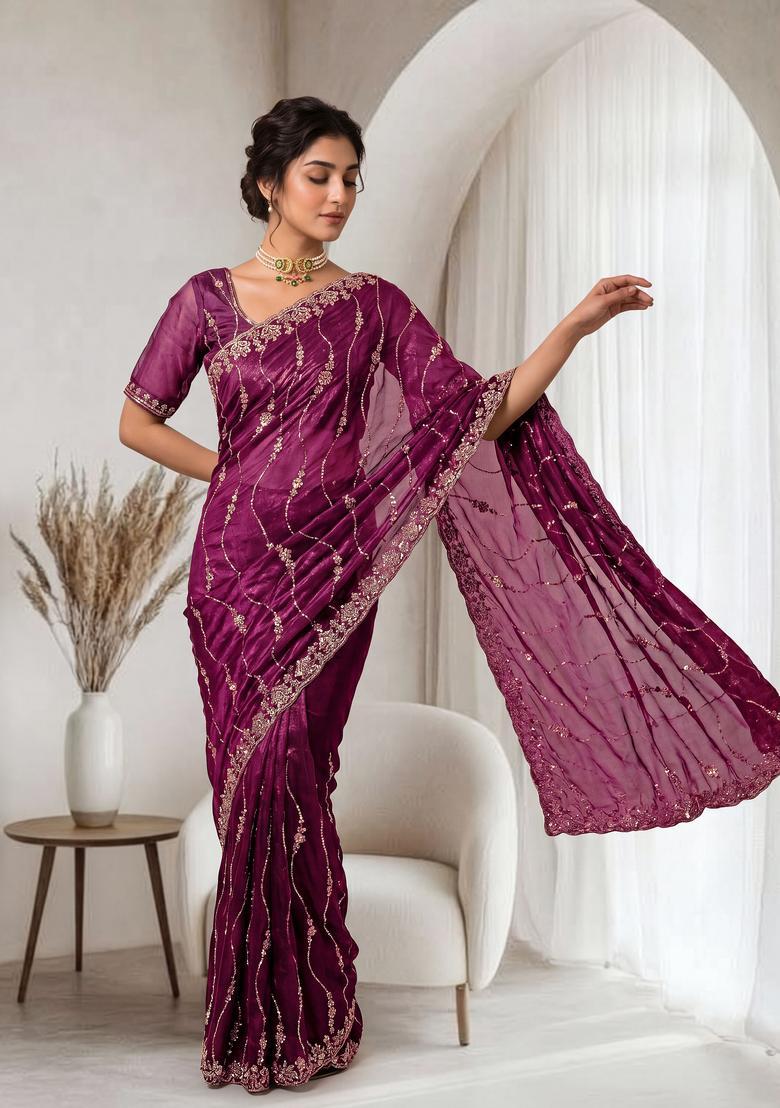 Burgundy Sequin Work Silk Saree Set - Indya