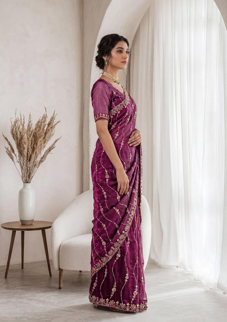Burgundy Sequin Work Silk Saree Set - Indya