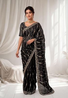 Black Sequin Work Silk Saree Set