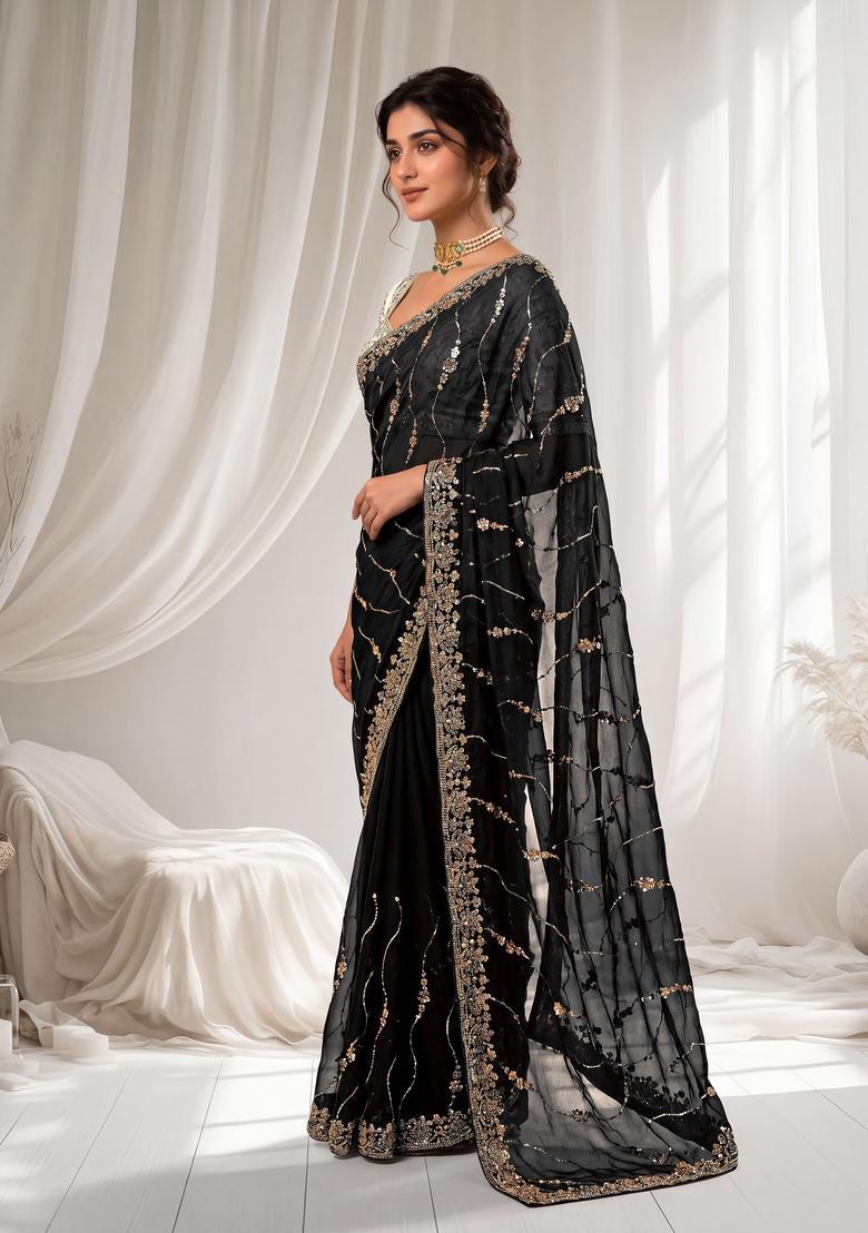 Black Sequin Work Silk Saree Set - Indya
