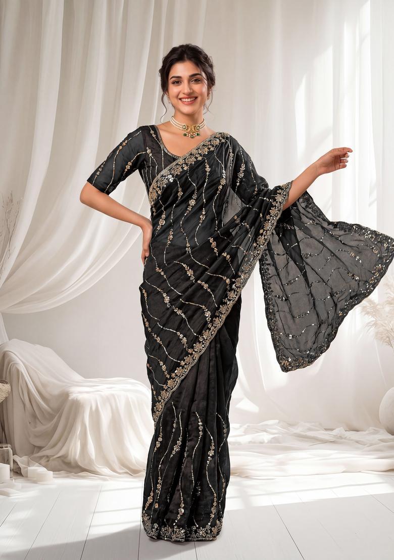 Black Sequin Work Silk Saree Set - Indya